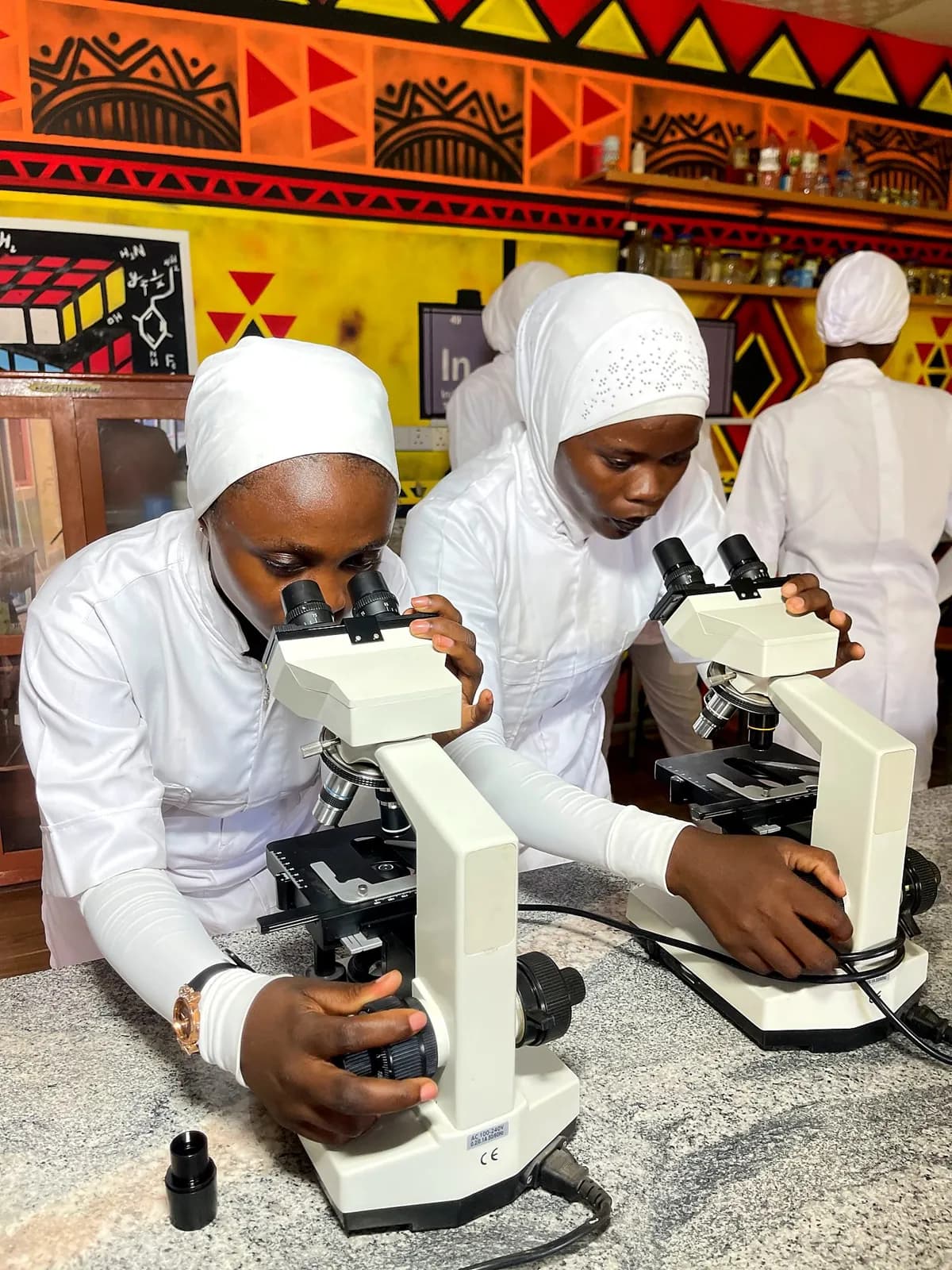 Two student nurses at a microscope